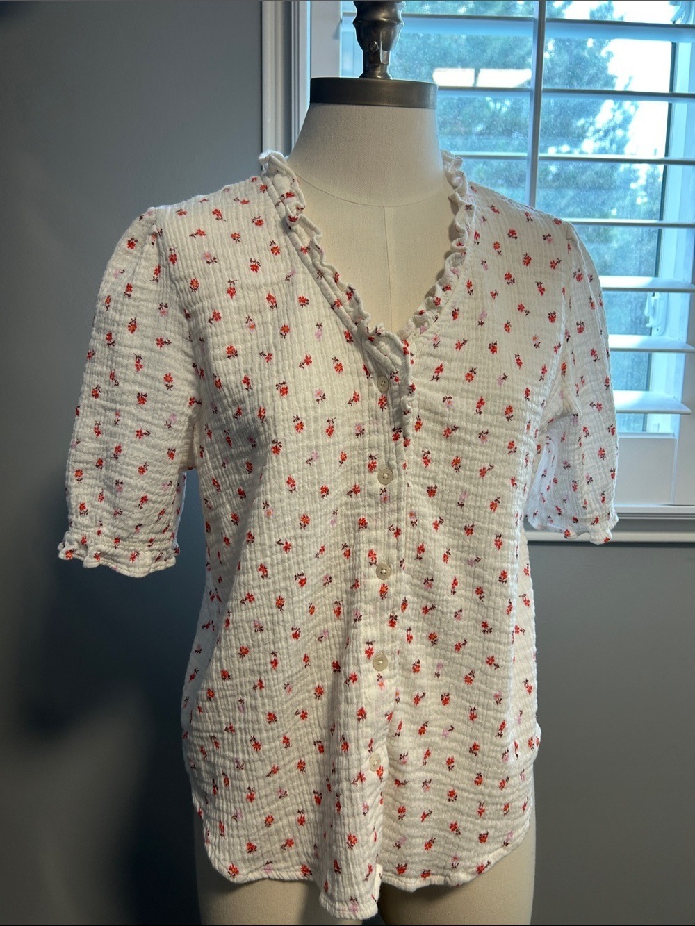 Per Una Floral Cotton Top Short Sleeve Button Up Size 10